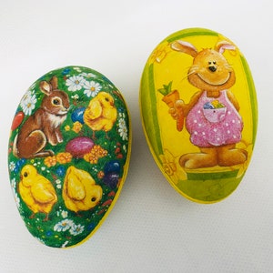 Paper mache egg cans lidded storage containers Easter eggs bunny chicks