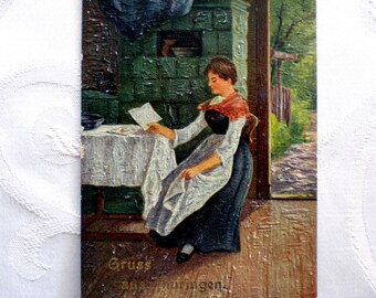 Prägedruckkarte 1910 Vintagekarte Thüringen Tracht Brief Postkarte