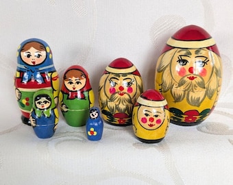 Vintage Matryoshka Set of 2 – Dwarf with Beard & Traditional Babushka – Hand-Painted Wood – Russia USSR – Small Stacking Dolls 8 cm