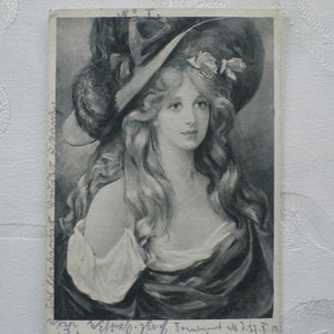 Cartão de artista por volta de 1908, senhora com chapéu, cartão postal vintage, rosas, retrato de mulher