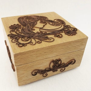 Small wooden box with metal decoration, jewelry box, wooden box with hinged lid