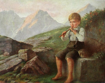 Artist card shepherd boy postcard vintage card flute mountains Alm vintage art card