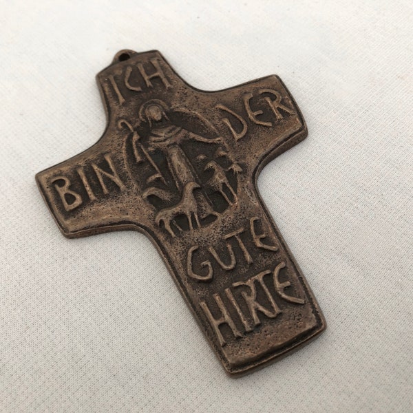 Wandkreuz Metallkreuz Der gute Hirte Devotionalie Andachtsbild Bronze