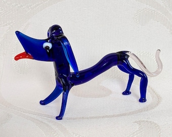Murano Glass Dog Figurine Blue Dachshund Glass Figurine Vintage Animal Figurine Glass Sculpture Miniature Glass Animal Decoration Collector's Item Gift Idea