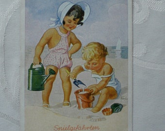 Vintagekarte Spielgefährten Strand Kinder Postkarte