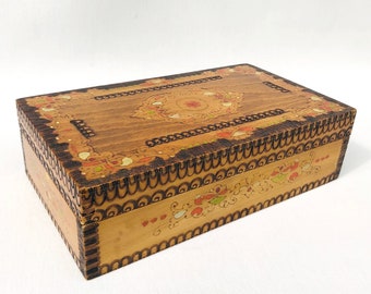 Eastern European wooden box pyrography painted wooden box wooden box with hinged lid rectangular box