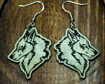 Eco-Friendly Wolf Earrings in Finnish Birch – Lightweight Viking-Inspired Nordic Wolf Design with Silver Hooks, Handmade for Nature Lovers