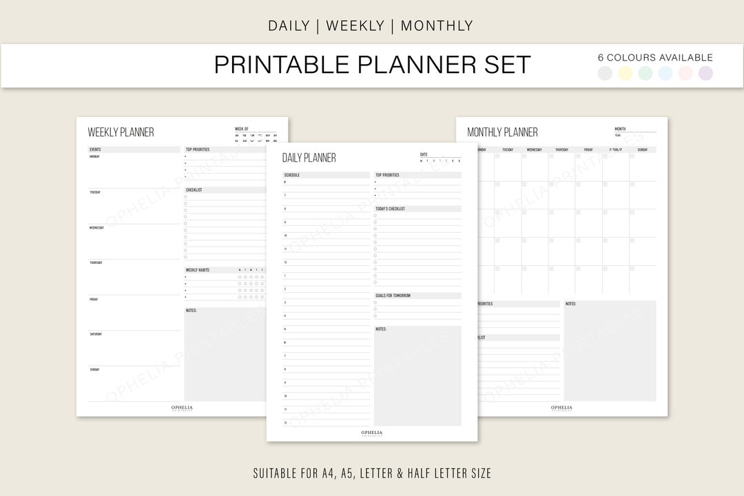 Printable Daily Weekly Monthly Planner Set, Colorful Productivity ...