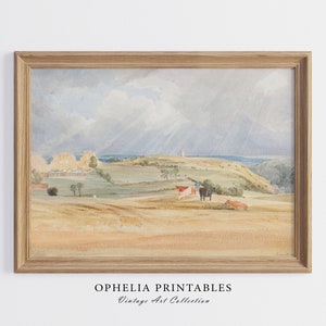 Pintura de ganado de paisaje, impresión pastoral, cartel de paisaje, decoración de pared vintage, arte de pared imprimible, descarga instantánea