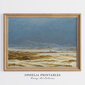 Pintura de paisaje del norte, impresión pastoral, obras de arte de paisaje de invierno, decoración de pared vintage, arte de pared imprimible, descarga instantánea
