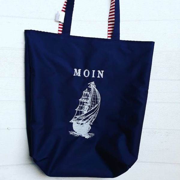 Wendetasche, Shopper, Einkaufstasche, maritim, Ahoi, Moin, Einkaufsbeutel, Tasche bestickt, Segelschiff, Meer