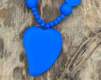 Electric Blue chunky wooden beaded statement necklace with focal carved wood heart - Vibrant Blue Wood Necklace