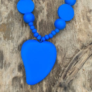 Electric Blue chunky wooden beaded statement necklace with focal carved wood heart - Vibrant Blue Wood Necklace