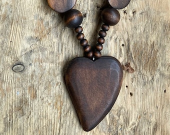 Chunky Dark Brown Wood Heart Long Statement Boho Lagenlook Necklace