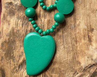 Chunky Green Long Wooden Beaded Necklace with Carved Wood Heart