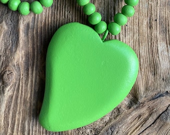 Lime Green Long Chunky Wooden Heart Necklace - Wood Bead Heart Necklace