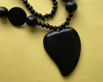 Chunky Black Wood Heart Long Statement Boho Lagenlook Necklace