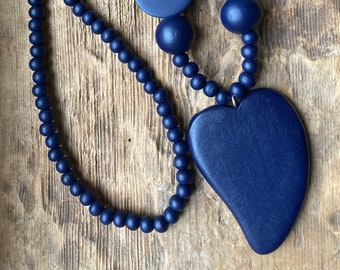 Navy Blue Wooden Heart Necklace - Dark Blue Wood Heart Long Necklace