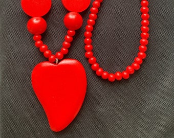 Chunky Bright Red Wood Long Boho Lagenlook Heart Necklace - Wood Anniversary Gift