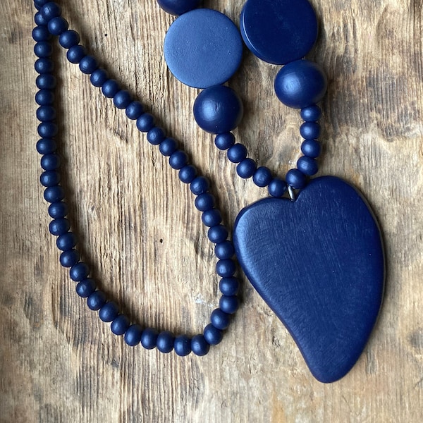 Navy Blue Wooden Heart Necklace - Dark Blue Wood Heart Long Necklace