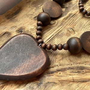 Chunky wooden bead necklace with heart pendant, long beaded necklace, statement wooden necklace.