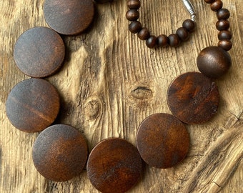 Brown Wooden Beaded Boho Disc Necklace - Brown Wood Bead Disc Necklace
