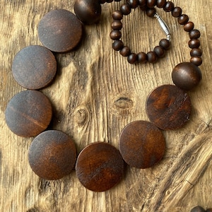 Brown Wooden Beaded Boho Disc Necklace - Brown Wood Bead Disc Necklace