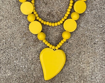 Banana Yellow Wooden Beaded Long Heart Necklace with Focal Wood Heart