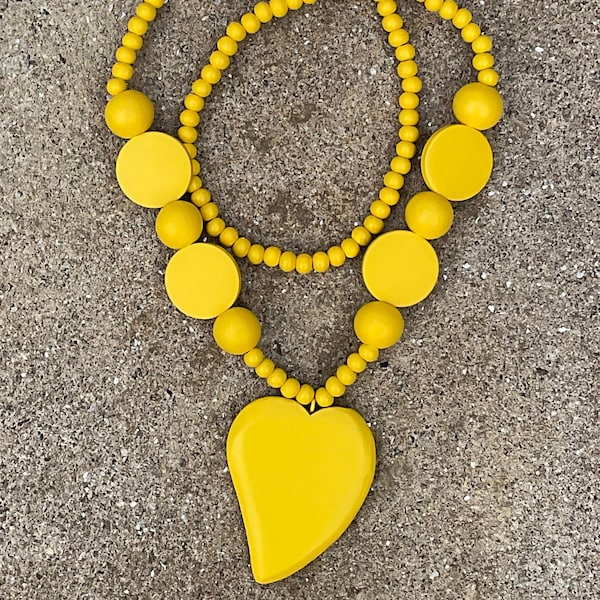 Banana Yellow Wooden Beaded Long Heart Necklace with Focal Wood Heart