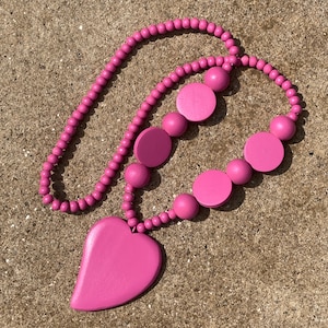 Pink Wooden Heart Necklace - Pink Wood Heart Long Necklace