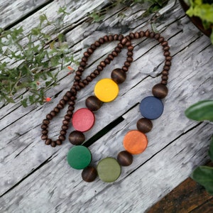 Patchwork long wooden disc bead necklace in earthy tones - 32 inch chunky Boho handmade Autumn / Winter Fall necklace