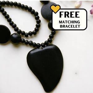 Chunky Black Wood Heart Long Statement Boho Lagenlook Necklace