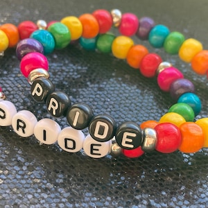 Rainbow LGBTQ Pride Handmade Stretchy Beaded Bracelet - Custom Size Rainbow Pride Bracelet with Black or White Letter Beads
