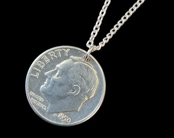 Vintage silver 1950 dime coin pendant on an 18” sterling silver chain - silver lucky dime necklace