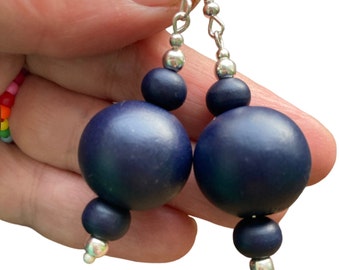 Navy blue wooden round bead ball earrings - all navy blue wood beaded dangle earrings