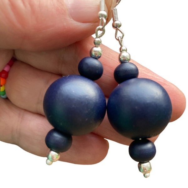 Navy blue wooden round bead ball earrings - all navy blue wood beaded dangle earrings