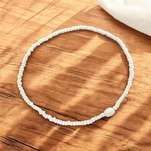 White Seed Bead Stretch Anklet: Minimalist Bohemian Jewelry