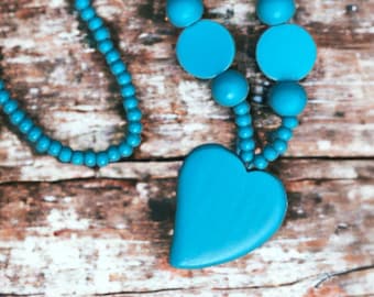 Turquoise chunky wooden long beaded heart necklace - wood bead necklace with focal carved heart pendant