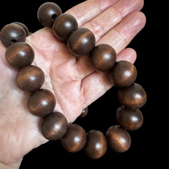 Chunky Wood Bead Necklace - 24 inch Handmade Unisex Brown Wooden Beaded Statement Necklace