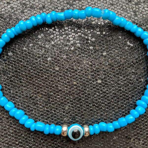 Blue evil eye protection anklet - custom size stretchy handmade beaded ankle bracelet - summer beach jewellery