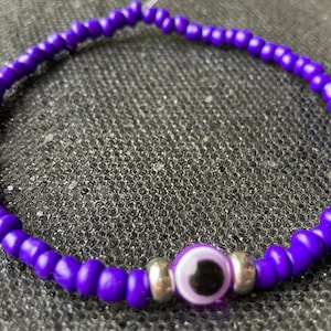 Handmade Purple Evil Eye Anklet: Seed Bead Beach Jewelry