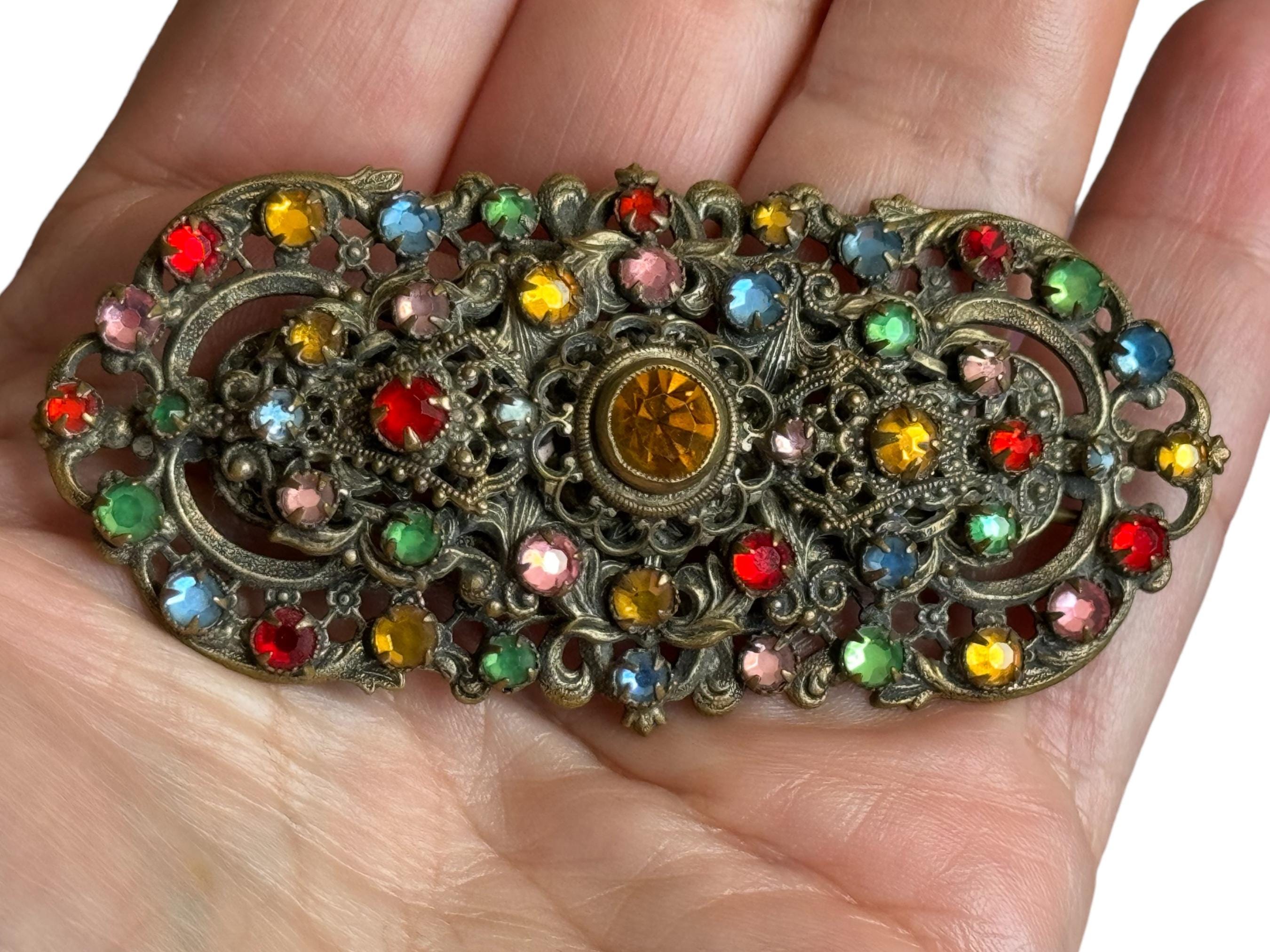 Art Deco Vintage Multi Coloured Large Czech Filigree Brooch