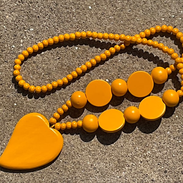 Mustard Yellow Ochre Long Wooden Beaded Chunky Wood Heart Necklace