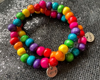 Rainbow Love Wood Beaded Stretchy Bracelet Set with Gift Pouch - Elastic Wooden Bead Multi Coloured Bracelets