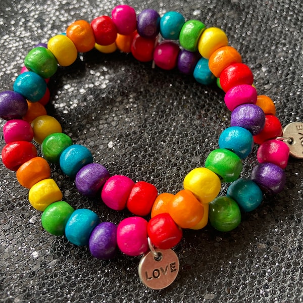 Rainbow Love Wood Beaded Stretchy Bracelet with Gift Pouch