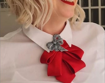 Elegant glossy red necktie with brooch. Luxury satin style women's tie to uplift business or everyday outfit. Unique handmade gift for her..