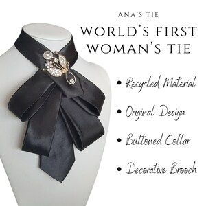 Black ladies necktie brooch. Women's glossy satin tie fashion for business or other outfit. Gift idea for her birthday, Valentines,... image 2