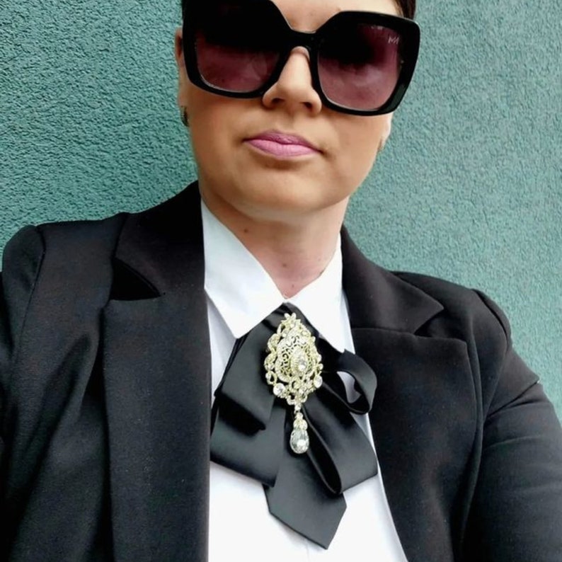 Black ladies necktie brooch. Women's glossy satin tie fashion for business or other outfit. Gift idea for her birthday, Valentines,... image 8