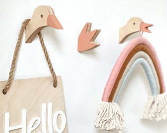 Ganchos de pared de madera con forma de pato para habitación infantil - Juego de 3 ganchos - Ganchos de pared para niños, ganchos de pared para guardería, perillas de madera para niños - Perchas de madera