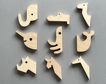 Houten dierenmuurhaken voor kinderkamer en kinderkamer - Houten kleerhangers, kinderkamerdecoratie, decoratieve muurhangers en houten knoppen voor kinderen